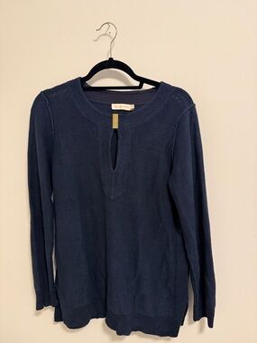 Tory Burch Navy Long-Sleeve Cotton Keyhole Pullover